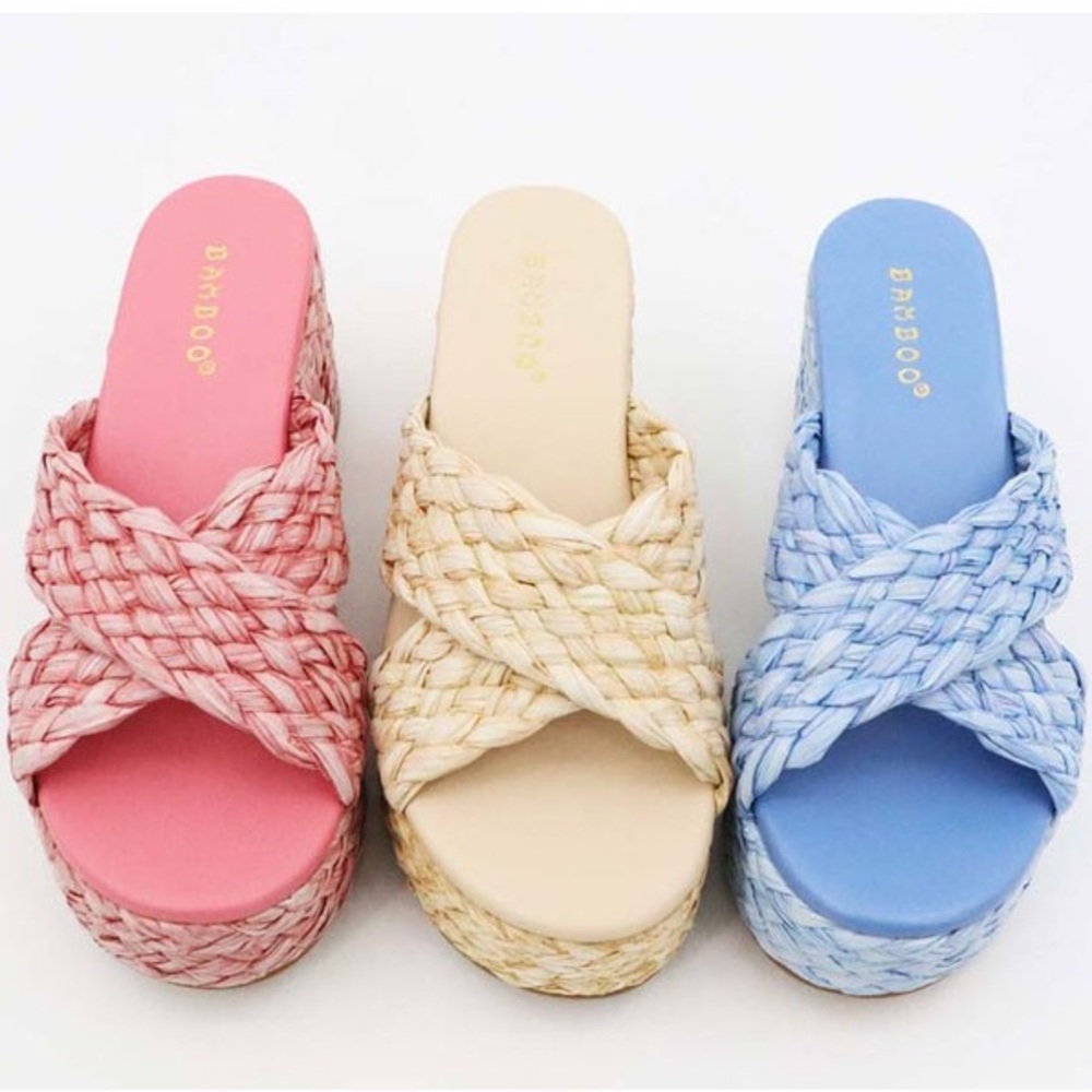 NWT!! RAFFIA NATURAL CRISS CROSS PLATFORM CHUNKY HEEL SLIDE SANDAL - Picture 8 of 11